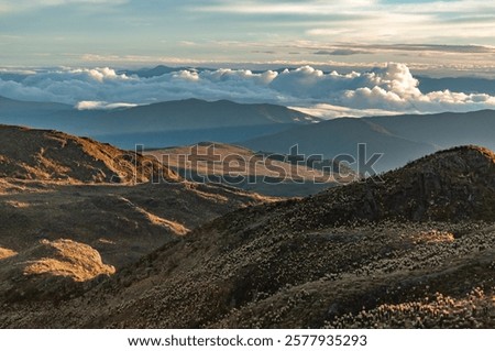 Mountain Range in Colombia with Forest and Fields in a Cloudy Day. This serene image captures a beautiful sunset over a lush and rolling countryside landscape, distant hills in the background.