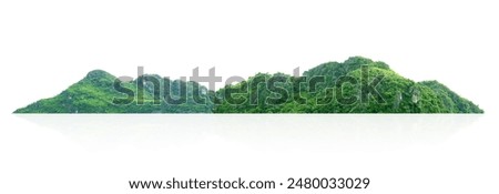 mountain range with green trees and a white background