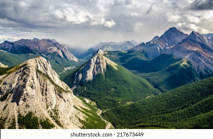 Mountain Range Landscape View In Jasper NP, Rocky Mountains, Canada