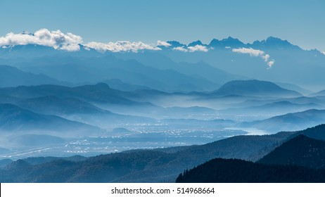 Mountain range panorama view from high hill