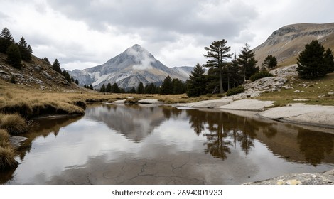 A mountain range reflected in a small lake surrounded by trees and rocks under a cloudy sky
