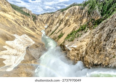 A mountain range with a river flowing through it. The water is white and the sky is cloudy