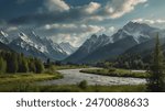 a mountain range with a river running through it and a few clouds in the sky