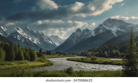 a mountain range with a river running through it and a few clouds in the sky - Powered by Shutterstock