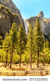 A mountain range with a waterfall in the foreground. The trees are green and the sky is blue. The scene is peaceful and serene