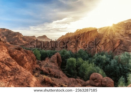 Mountain ridge called Monkey Fingers or Monkey paws in Dades gorge, Atlas Mountains, Morocco., Scenic tourist walking trail. Vacation in Morocco.