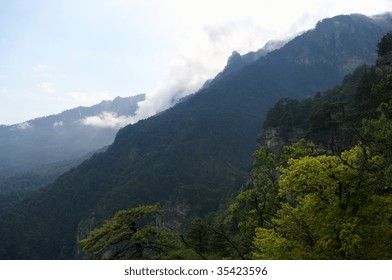 Mountain ridges with forest at foreground and clouds at background.