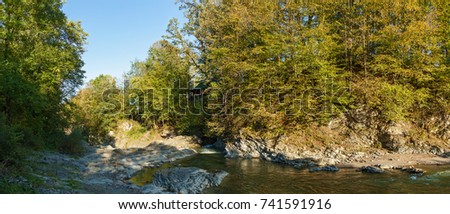 mountain river in the autumn forest, Autumn landscape, fallen leaves, water flow