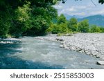 Mountain River Flowing Near the Greater Caucasian Mountains. Oguz, Azerbaijan. Summer, 2024.