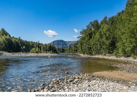 Similar – Foto Bild Fluss, der im Sommer durch den Wald fließt. Natürliche Landschaft im Hintergrund.