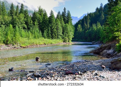 Mountain River In Glacier National Park, Montana In Summer