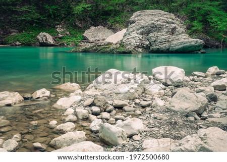 The mountain river Khosta with boulders, stones and pebbles on its sides in springtime. Clear green water of the burly creek in yew-boxwood grove park in Sochi, Adler district, Russia.