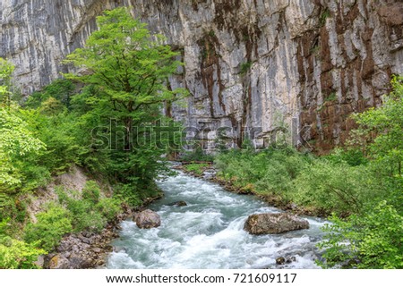 mountain river at the sheer cliffs, blue water and green tree Abkhazia