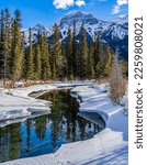 Mountain river in a snowy forest in winter. River reflection in winter mountain snow. Winter river in snowy mountains. River in winter snow scene