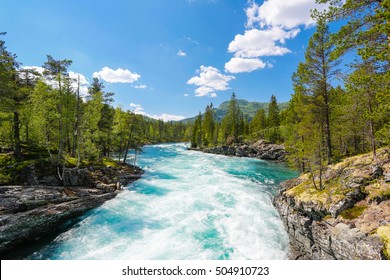 Mountain River In Spring. Norway.