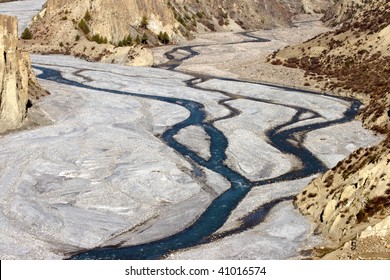 Mountain River With Tributary.  Nepal, Annapurna Trek.