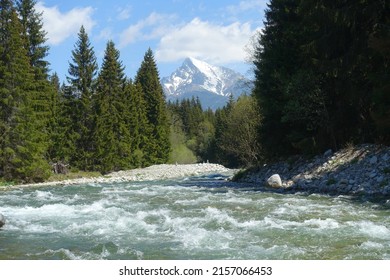 Mountain River Belá under Mount Krivan peak (High Tatras) from Kokava bridge, Slovakia