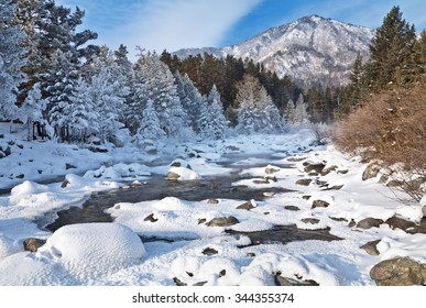 The Mountain River In Winter Sunny Day. Beautiful Winter Landscape