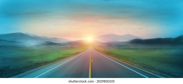Mountain road. Landscape with green field, sunny sky with clouds and beautiful asphalt road in the morning. Scenic background. Road to mountains. Transportation, direction, business goal, hope. - Shutterstock ID 2029850105