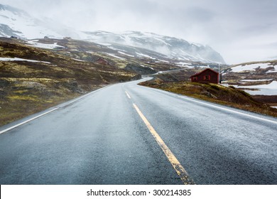 Mountain Road In Norway, Around The Fog And Snow.