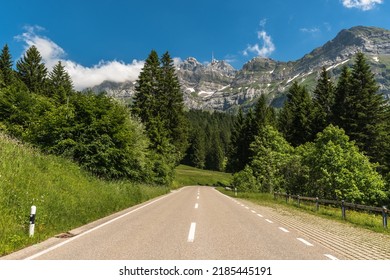 Mountain road with view of the Alpstein massif and Mount Säntis. Canton Appenzell Ausserrhoden, Switzerland
