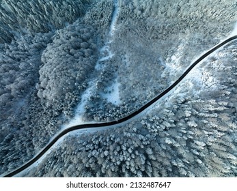 Mountain Road In Winter Shoot From Above Drone Aerial View Trees Covered In Snow