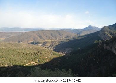 Mountain And San Juan De La Peña Valley From The Royal Monastery Of San Juan De La Peña In Botaya. Travel, Landscapes, Nature, Architecture. December 28, 2014. Botaya, Huesca, Aragon. Spain.