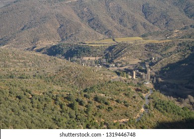 Mountain And San Juan De La Peña Valley From The Royal Monastery Of San Juan De La Peña In Botaya. Travel, Landscapes, Nature, Architecture. December 28, 2014. Botaya, Huesca, Aragon. Spain.