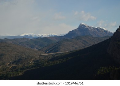 Mountain And San Juan De La Peña Valley From The Royal Monastery Of San Juan De La Peña In Botaya. Travel, Landscapes, Nature, Architecture. December 28, 2014. Botaya, Huesca, Aragon. Spain.