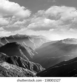 Mountain scenery in black and white, shot at Yushan National Park, Taiwan, Asia.