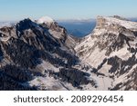mountain Sigriswiler Rothorn, valley  Justistal with in winter, Switzerland