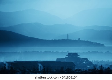 Mountain silhouette abstract at sunrise in Dali in Yunnan, China.