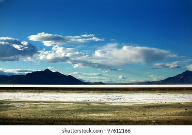 Mountain Silhouettes Landscape With Bonneville Salt Flats In Northern Utah