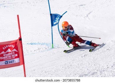 Mountain skier Shishkin Vitaliy Altai skiing down mountain slope giant slalom. Russian Alpine Skiing Cup, International Ski Federation FIS Championship. Kamchatka Peninsula, Russia - Apr 1, 2019
