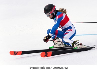 Mountain Skier Ulyana Lendya Kamchatka Skiing Down Mount Slope. International Ski Federation Championship, Russian Women S Alpine Skiing Cup Giant Slalom. Kamchatka Peninsula, Russia - April 2, 2019