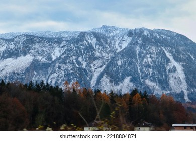 Mountain With Snow  In The Bavarian Alps On A Cold Autumn Day In Germany Near The Austrian Border.