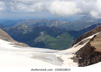 Mountain snow and glacier panorama and Grossglockner High Alpine Road in Glockner Group, Austria