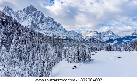 Similar – Image, Stock Photo Winter snowy panorama with Alps mountains and snow