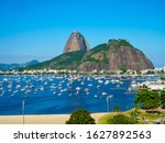 The mountain Sugarloaf and Botafogo beach in Rio de Janeiro, Brazil. Sugarloaf is one of the main landmark of Rio de Janeiro. Cityscape of Rio de Janeiro