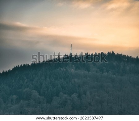 Mountain Summit Telecommunication Tower: Sunset Horizon Over Dense Pine Forest