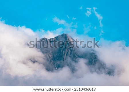 Mountain Summit Wrapped in Clouds under Clear Blue Sky
A dramatic mountain summit is partially obscured by clouds, set against a vibrant blue sky, creating a stunning natural scene in the Caucasus.

