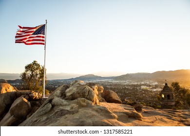 Mountain Top American Flag At Sunrise 