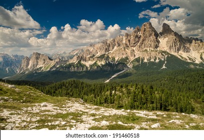 Mountain Tops in Summer, Cristallo Group from Faloria (Monte Cristallo, Cima di Mezzo, Piz Popena ), Dolomites, Alps, Italy