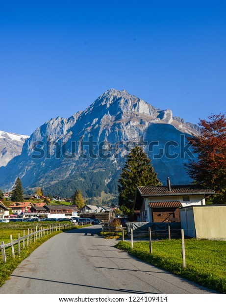 Mountain town in Grindelwald,\
Switzerland. Grindelwald was one of the first tourist resorts in\
Europe.