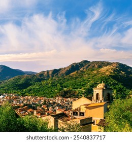 Mountain town view. Mountain landscape of  beautiful village in Sicily, Italy. A town in a beautiful mountain valley. Mountain valley town during sunset in evening light - Powered by Shutterstock