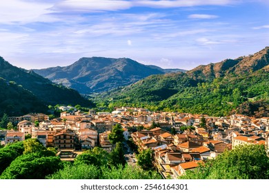 Mountain town view. Mountain landscape of  beautiful village in Sicily, Italy. A town in a beautiful mountain valley. Mountain valley town during sunset in evening light - Powered by Shutterstock