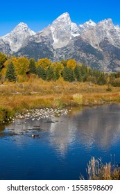 Mountain and trees being reflected in a river