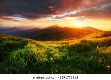 Mountain valley during sunrise. Beutiful natural landsscape in the summer time. - Shutterstock ID 2391776813