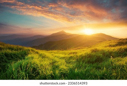 Mountain valley during sunrise. Natural summer landscape - Powered by Shutterstock