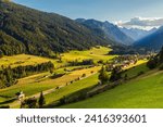 Mountain valley during sunset. Gschnitztal valley near the village of Trins, Tyrol, Austrian Alps, Austria.